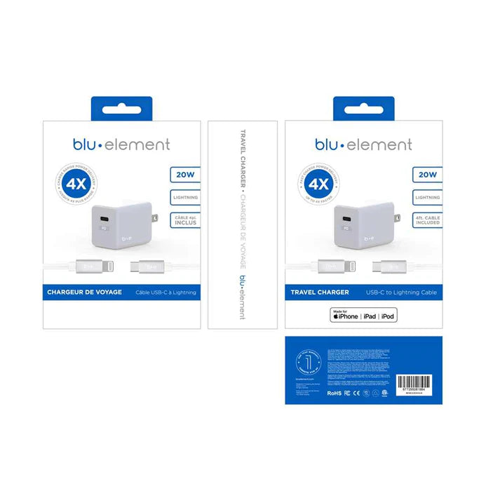 BLU ELEMENT  Wall Charger USB-C 20W PD with Lightning Cable 4ft White
